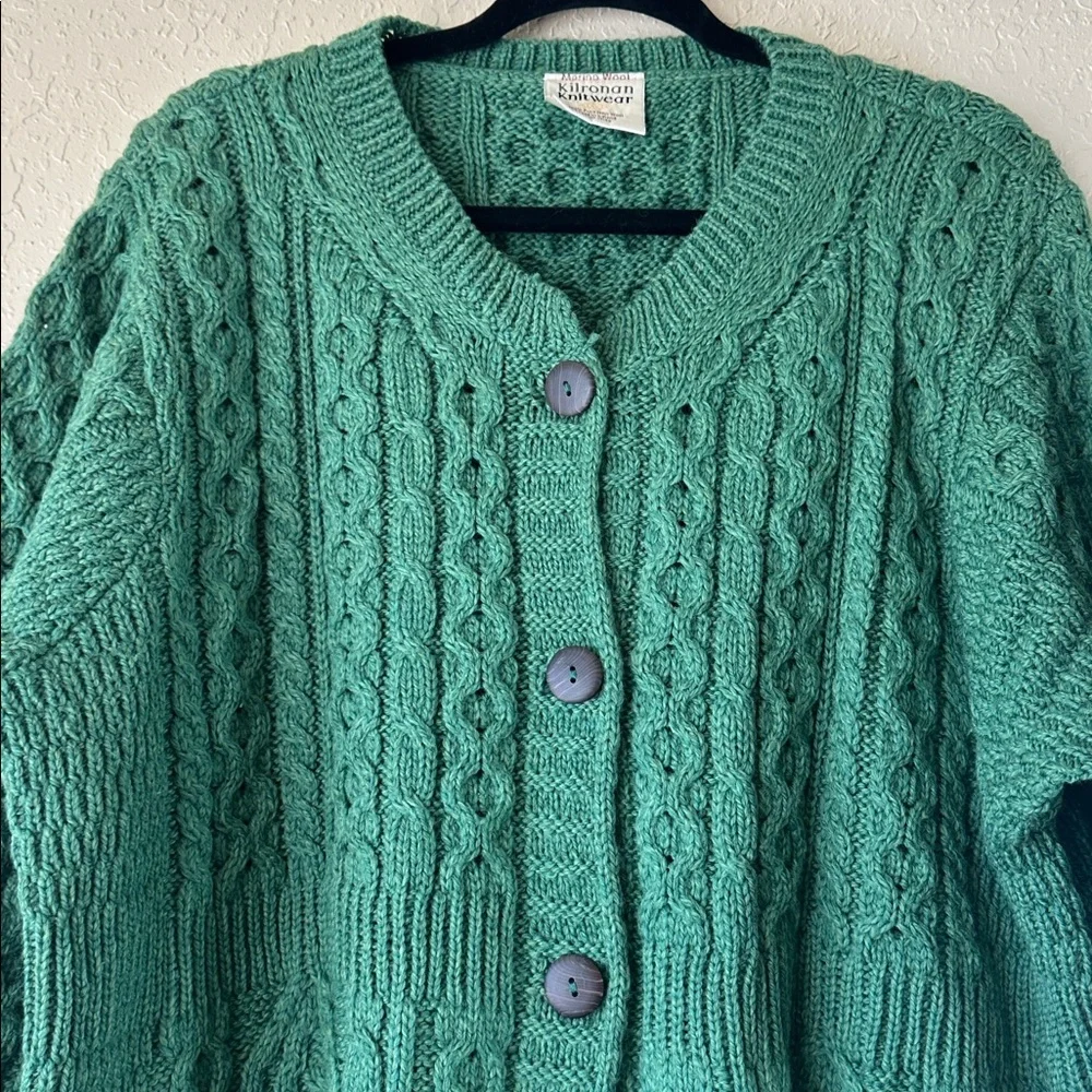 Irish Wool Cable Knit Green Cardigan Sweater - Picture 5 of 17